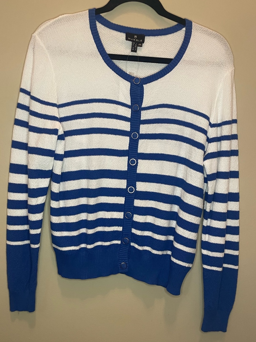 Marble Fashions Blue White Striped Knit Button Cardigan Small